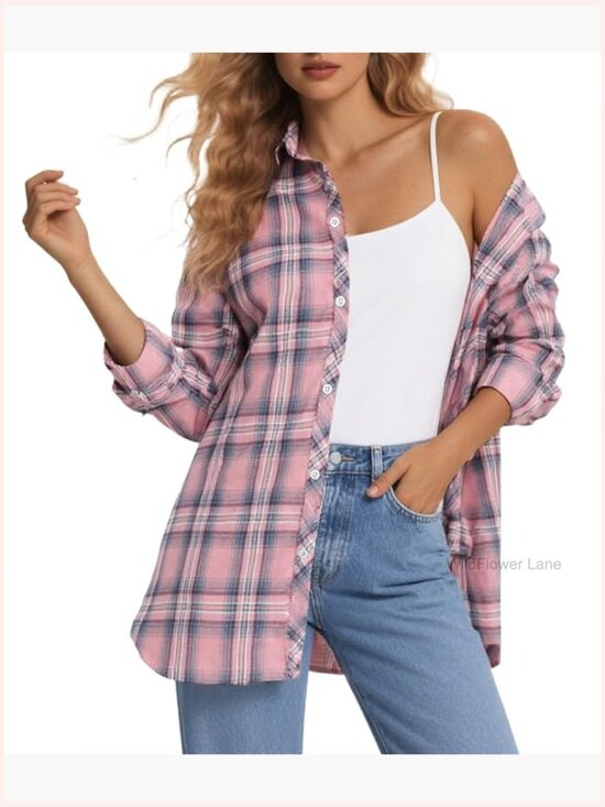 Tops - Oversized Plaid Flannel Button Down Shirt Blouse Top